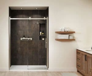 a new shower system with dark-toned walls and on-wall shelving