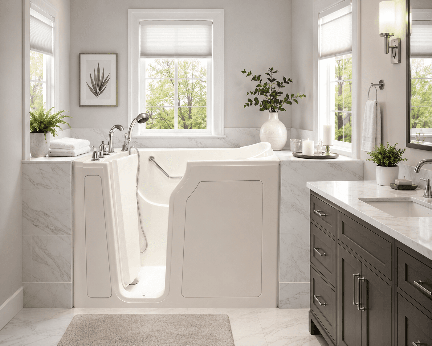 Walk-in tub in beautiful bathroom